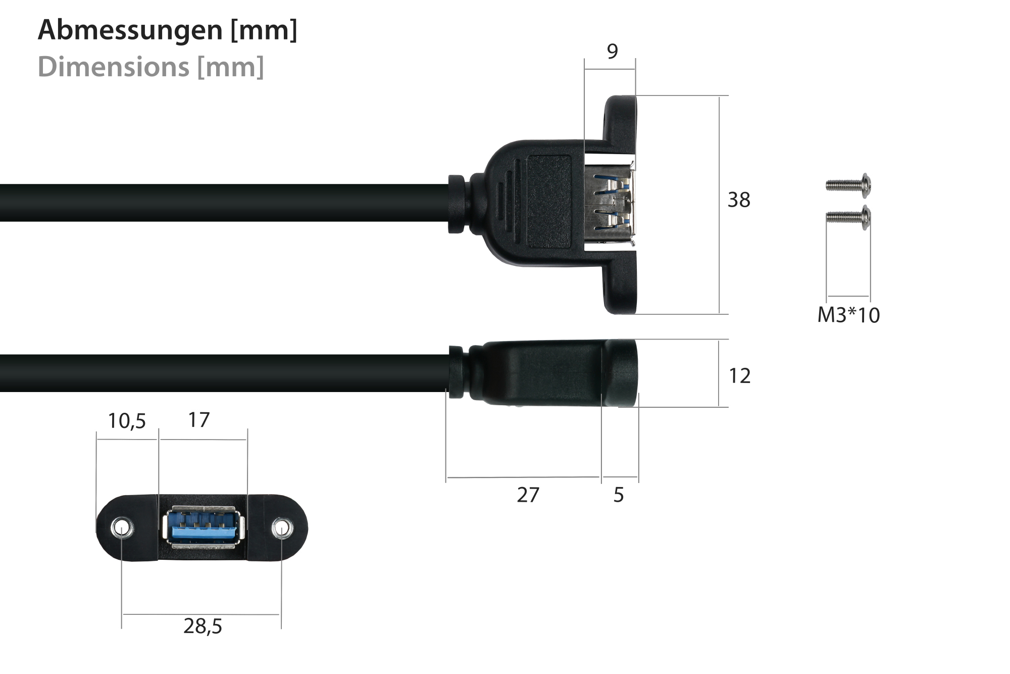 kabelmeister® Einbau-Verlängerungskabel USB 3.0 Stecker A an Einbaubuchse A, Premium, DATA AWG28 / Power AWG24, UL, KUPFER, schwarz, 2m