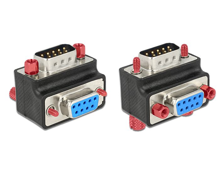 Adapter, Sub-D 9Pin Stecker an Buchse, 90° gewinkelt, Schraube/Mutter tauschbar, Delock® [65593]