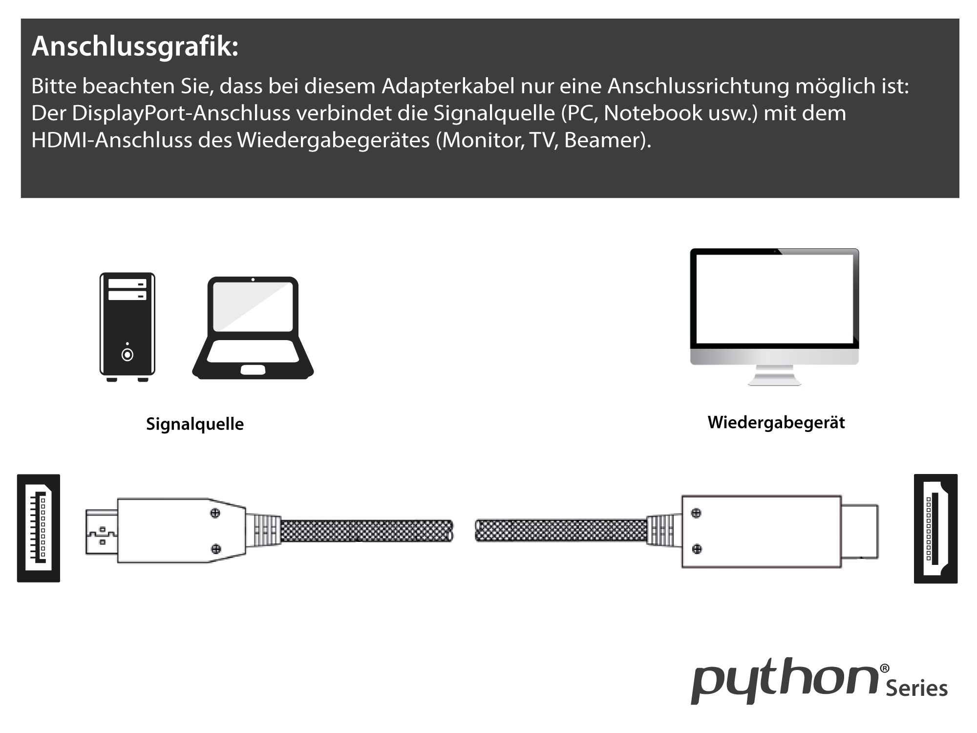 Anschlusskabel DisplayPort 1.4 an HDMI 2.0, 4K / UHD @60Hz, Vollmetallstecker, vergoldete Kontakte, OFC, Nylongeflecht schwarz, 1m, PYTHON® Series