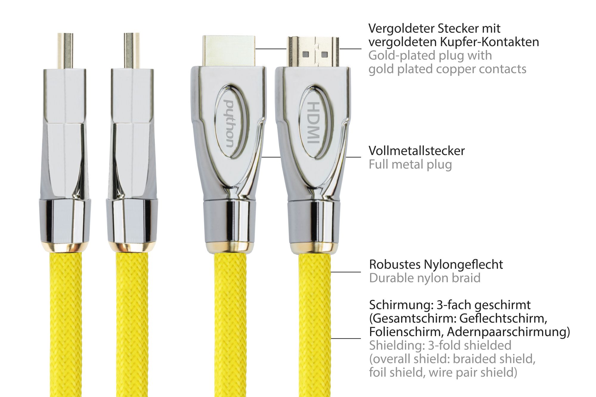 Anschlusskabel HDMI® 2.0 Kabel 4K2K / UHD 60Hz, 24K vergoldete Kontakte, OFC, Nylongeflecht gelb, 2m, PYTHON® Series