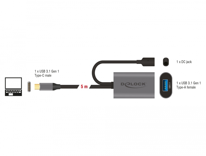 Aktives USB 3.1 Gen. 1 Verlängerungskabel, USB Type-C™ an USB Typ-A, schwarz, 5m, Delock® [85391]