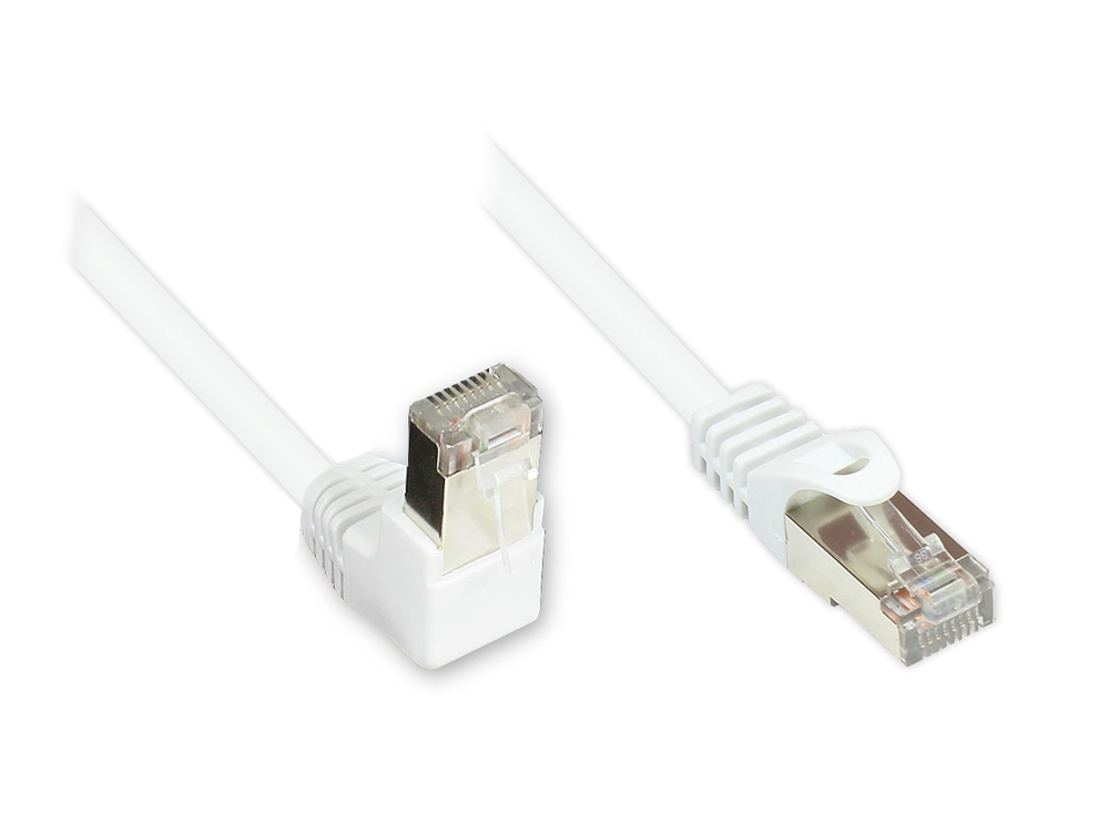 Patchkabel, Cat. 5e, F/UTP, 1x 90° nach unten gewinkelt an 1x gerade, weiß, 10m, Good Connections®