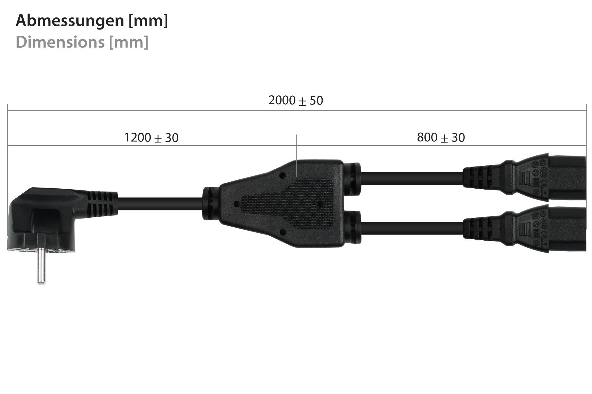 kabelmeister® Y-Netzkabel Schutzkontakt-Stecker Typ E+F (CEE 7/7, gewinkelt) an 2x Buchse C13, schwarz, 2m