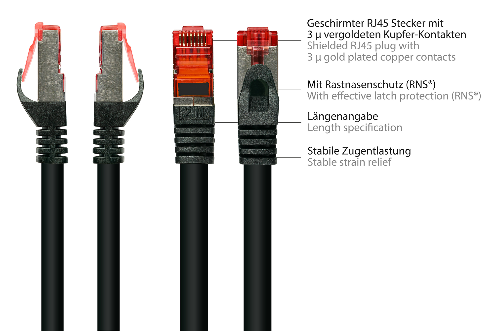 RNS® Patchkabel mit Rastnasenschutz, Cat. 6, S/FTP, PiMF, PVC, 250MHz, schwarz, 2m, Good Connections®