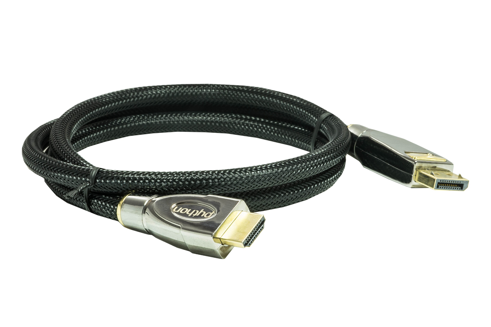 Anschlusskabel DisplayPort 1.2 an HDMI 2.0, 4K2K / UHD, 24K vergoldete Kontakte, OFC, Nylongeflecht schwarz, 1m, PYTHON® Series