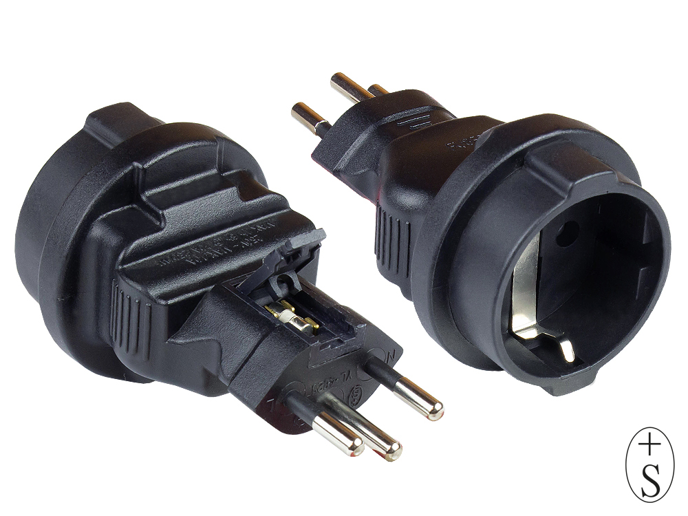 Stromadapter Schweiz Netz-Stecker (SEV1011, gerade) an Schutzkontakt-Buchse Typ F, SEV, schwarz, Good Connections®