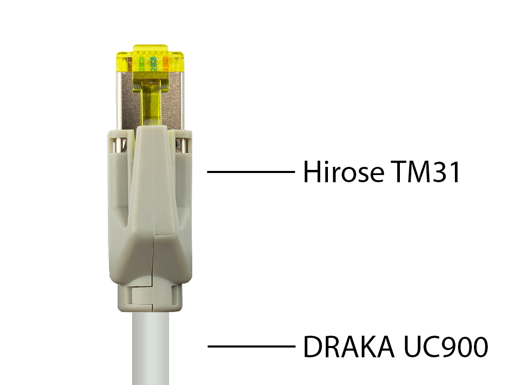 Patchkabel mit Cat. 7 Draka UC900 Rohkabel (900MHz) und Hirose TM31 Stecker (500MHz) beidseitig, S/FTP, PiMF, halogenfrei (LSZH), KUPFER, grau, 22m