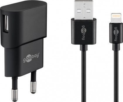USB-Ladegerät, 1 Port, 1A, inkl. Anschlusskabel Apple Lightning Connector an USB A Stecker, schwarz, 1m