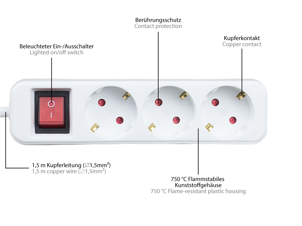Steckdosenleiste mit Schalter, 3-fach, Schutzkontakt-Stecker an 3x Schutzkontakt-Buchse, Berührungsschutz, weiß, 1,5m, Good Connections®