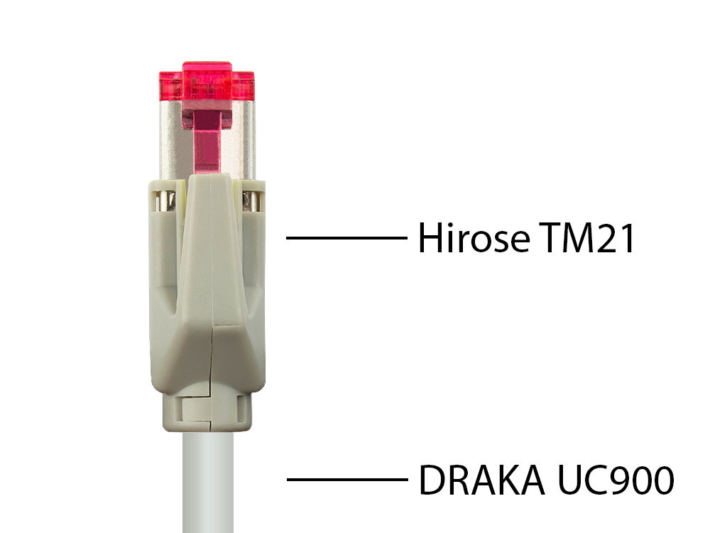 Patchkabel mit Cat. 7 Draka UC900 Rohkabel (900MHz) und Hirose TM21 Stecker (250MHz) beidseitig, S/FTP, PiMF, halogenfrei (LSZH), KUPFER, grau, 24m
