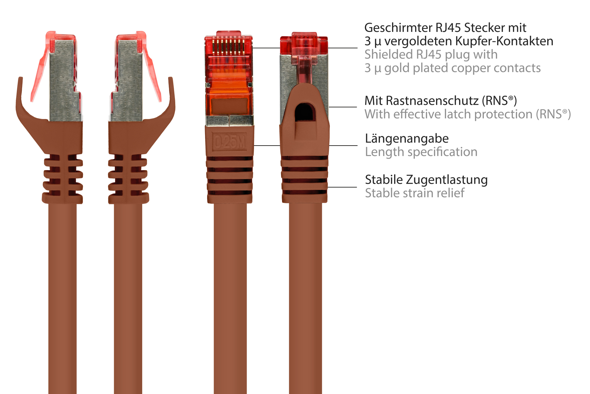 RNS® Patchkabel mit Rastnasenschutz, Cat. 6, S/FTP, PiMF, PVC, 250MHz, braun, 0,25m, Good Connections®