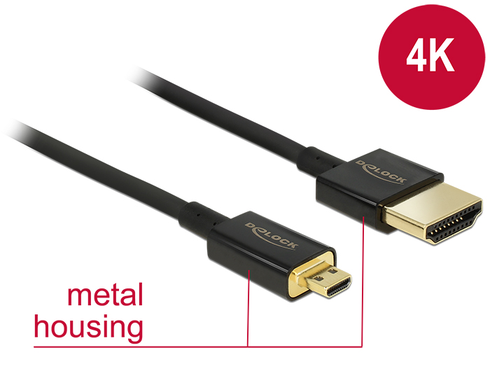 Kabel High Speed HDMI mit Ethernet - HDMI-A Stecker an HDMI Micro-D Stecker 3D 4K 1,5 m Slim Premium, Delock® [84782]
