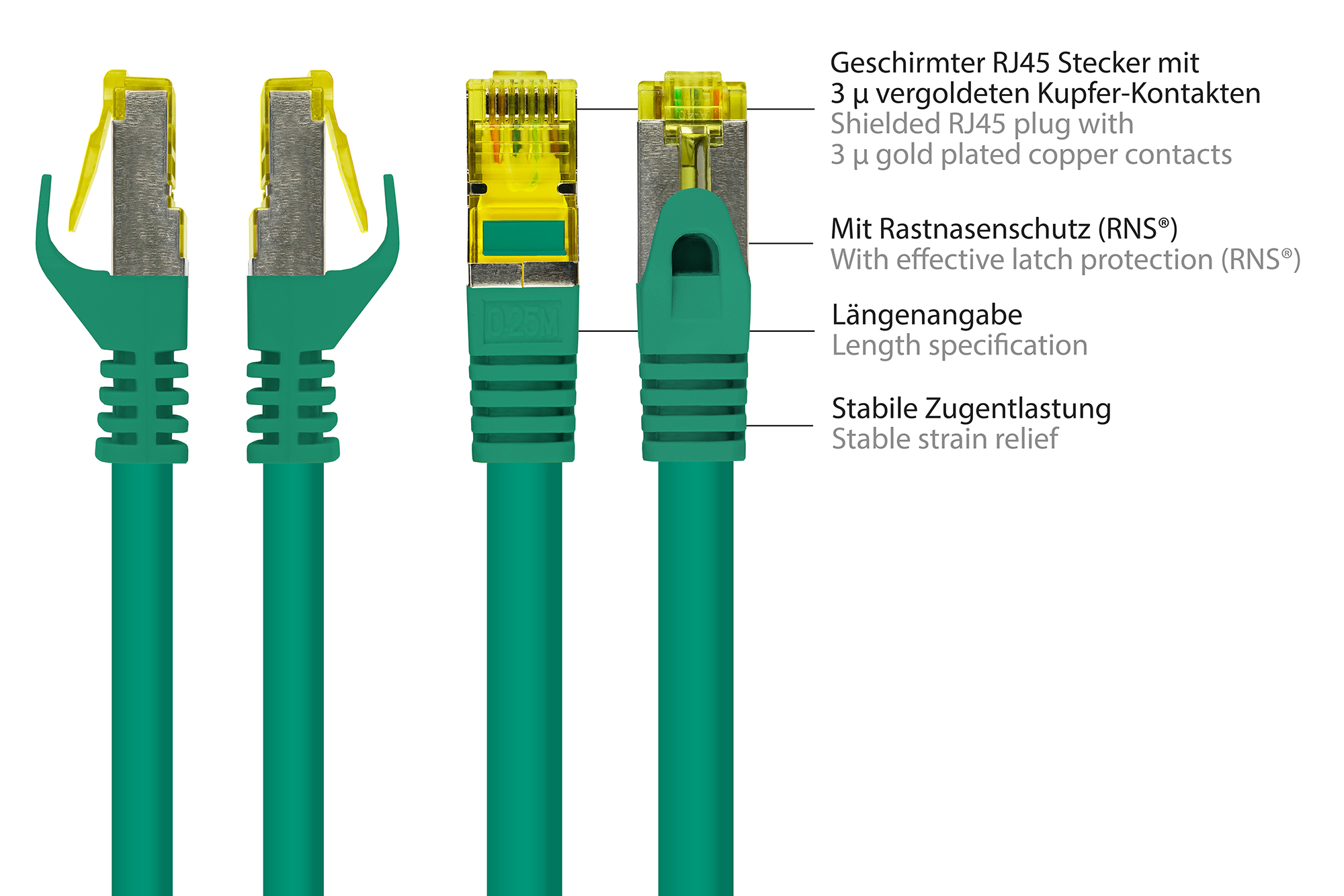 RJ45 Patchkabel mit Cat. 7 Rohkabel und Rastnasenschutz (RNS®), S/FTP, PiMF, halogenfrei, 500MHz, OFC, grün, 7,5m, Good Connections®