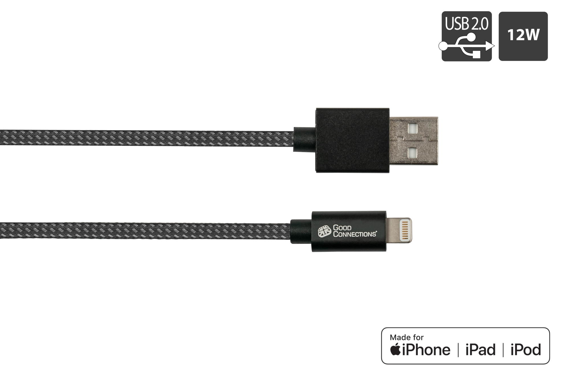 USB 2.0 Lade- und Datenkabel für iPhone/iPad/iPod, USB-A Stecker an Lightning™ Stecker, MFI zertifiziert, 12W, schwarz, 0,5m, Good Connections®