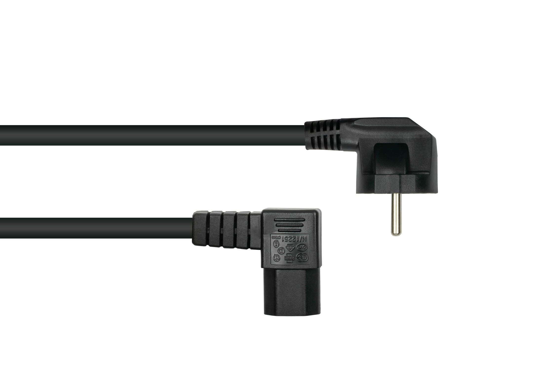 kabelmeister® Netzkabel Schutzkontakt-Stecker Typ E+F (90° gew.) an Warmgeräte-Buchse C15 (r. gew.), schwarz, 1,50mm², 0,5m