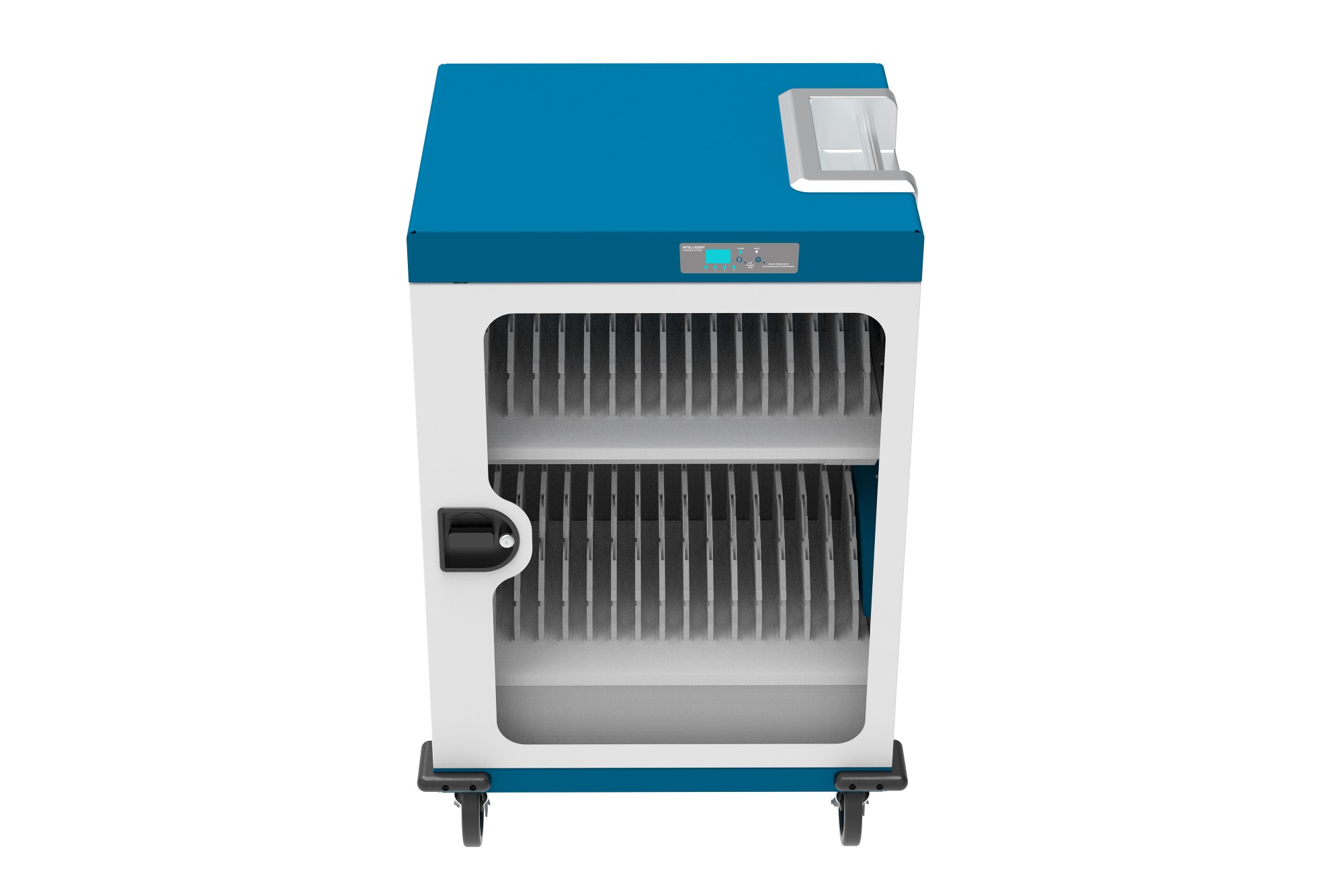 Good Connections® GEMMA N32 Notebook-Ladewagen für 32 Geräte, Schutzkontaktbuchsen, weiß/blau