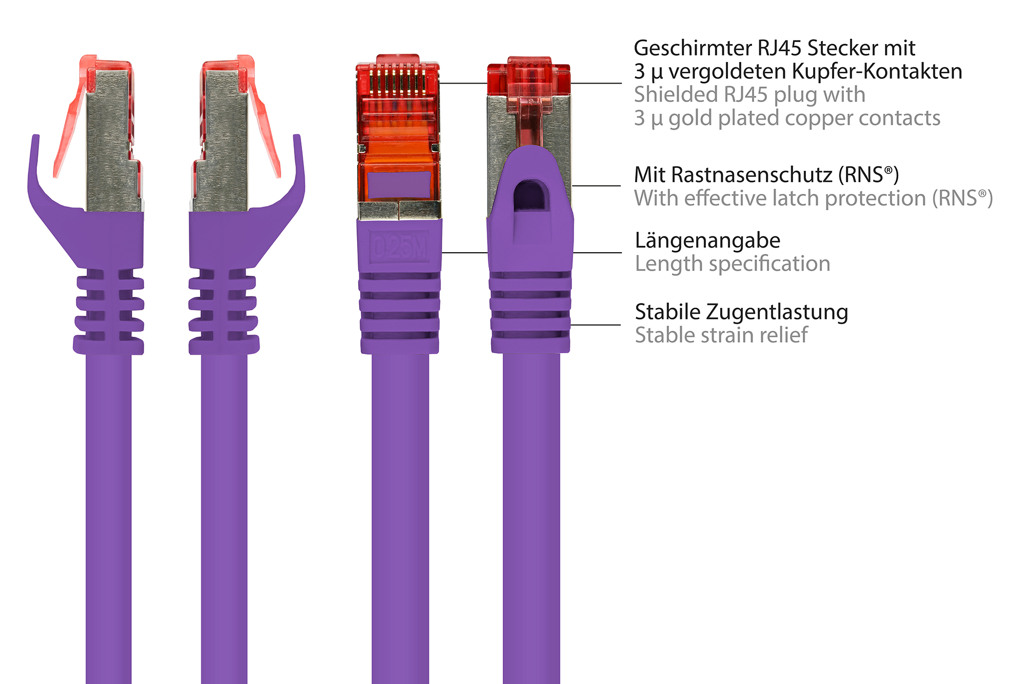 RNS® Patchkabel mit Rastnasenschutz, Cat. 6, S/FTP, PiMF, PVC, 250MHz, violett, 20m, Good Connections®