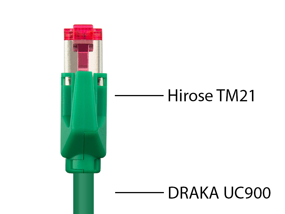 Patchkabel mit Cat. 7 Draka UC900 Rohkabel (900MHz) und Hirose TM21 Stecker (250MHz) beidseitig, S/FTP, PiMF, halogenfrei (LSZH), KUPFER, grün, 7m