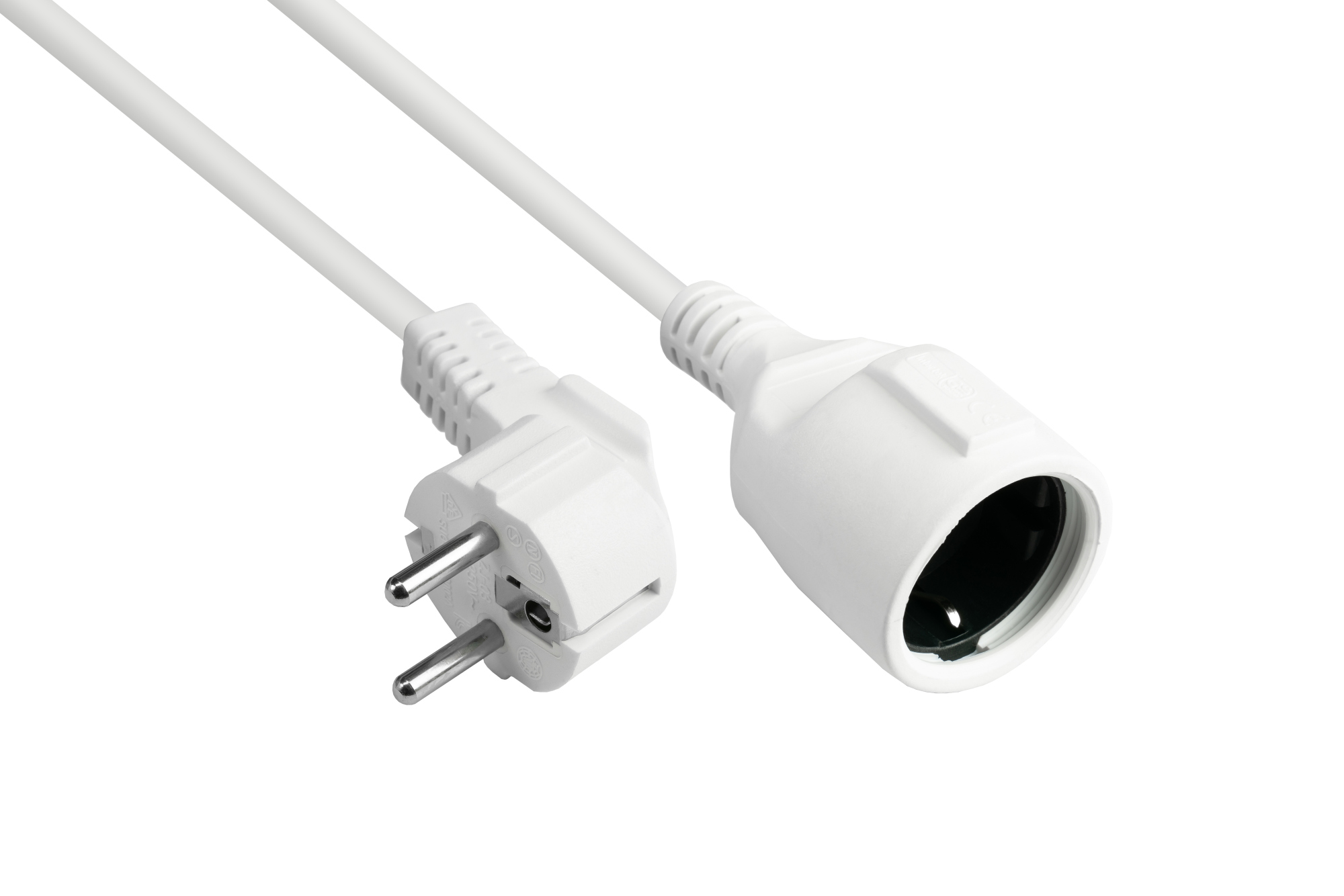 Verlängerung Schutzkontakt-Stecker Typ E+F (CEE 7/7, gewinkelt) an Buchse Typ F (CEE 7/3, gerade), weiß, 1,50 mm², 3 m, Good Connections®