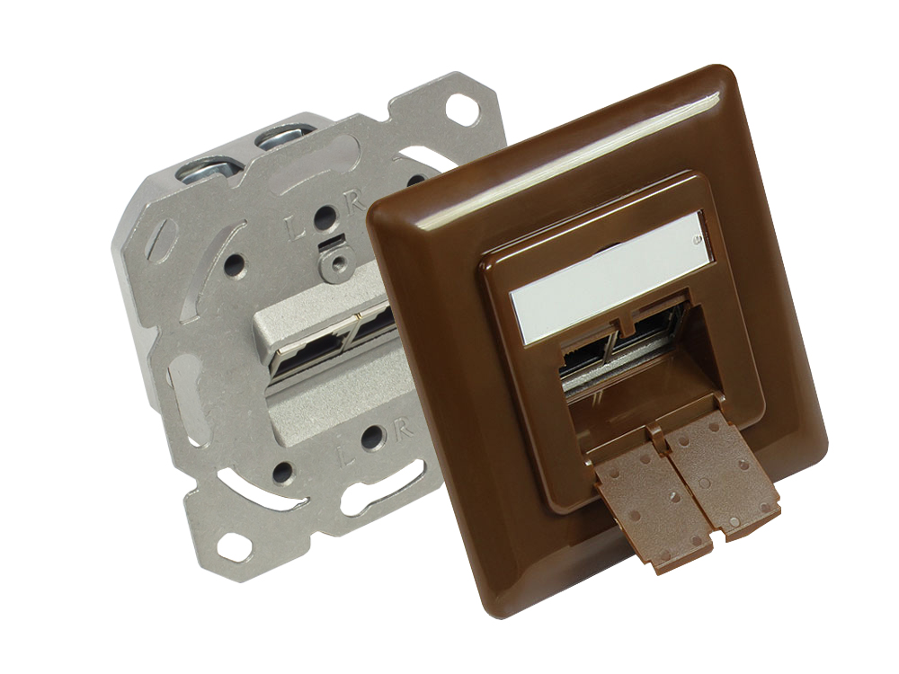 Netzwerkdose Cat. 6, 2xRJ45, geschirmt, Unterputzdose, inkl. Zentralstück und Abdeckrahmen, nussbraun RAL8011, Good Connections