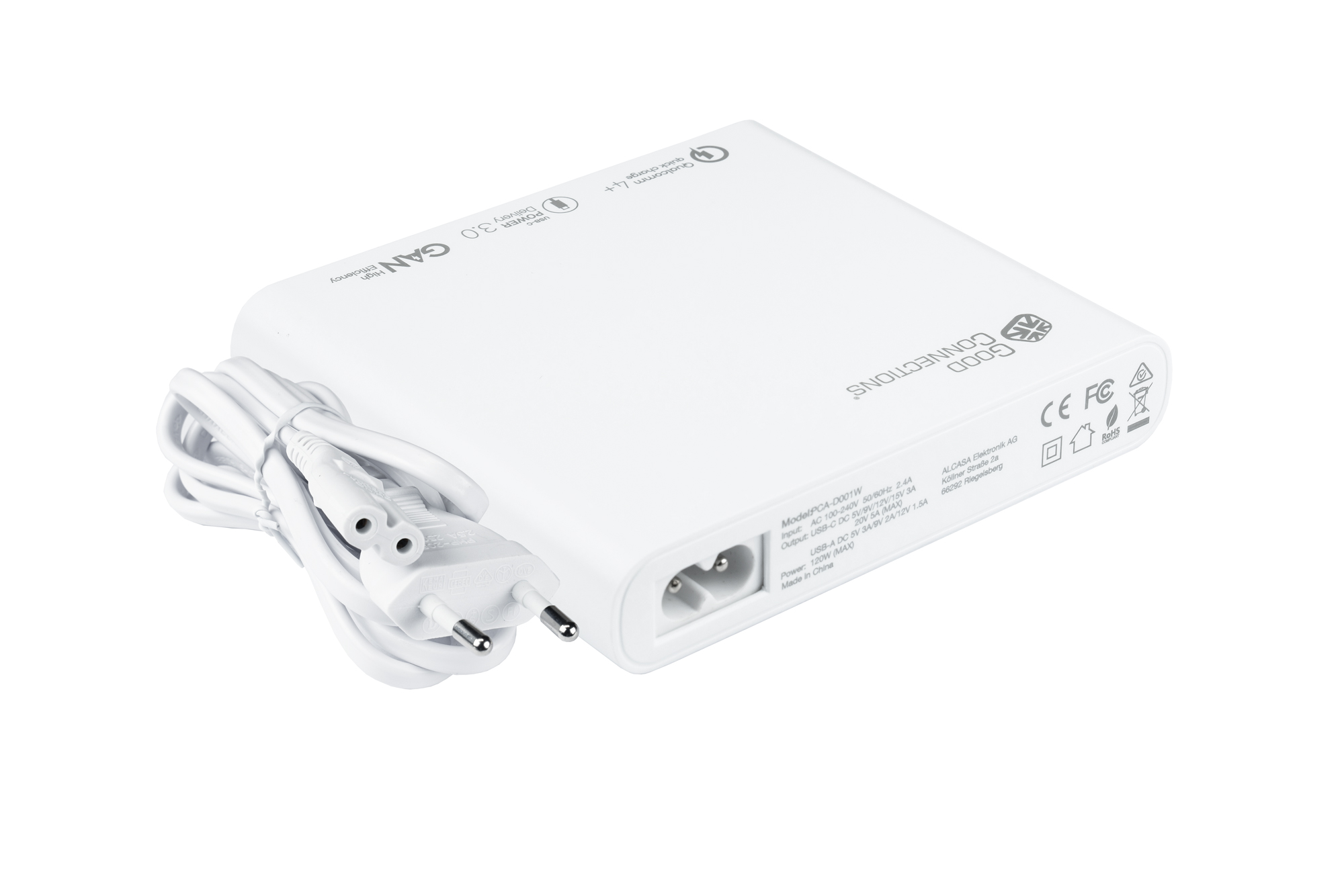 USB-Desktop-Schnellladestation 120W mit GaN-Technologie, 4-Port (2x USB-C™ und 2x USB-A), PD 3.0, QC 4+, weiß, Good Connections®
