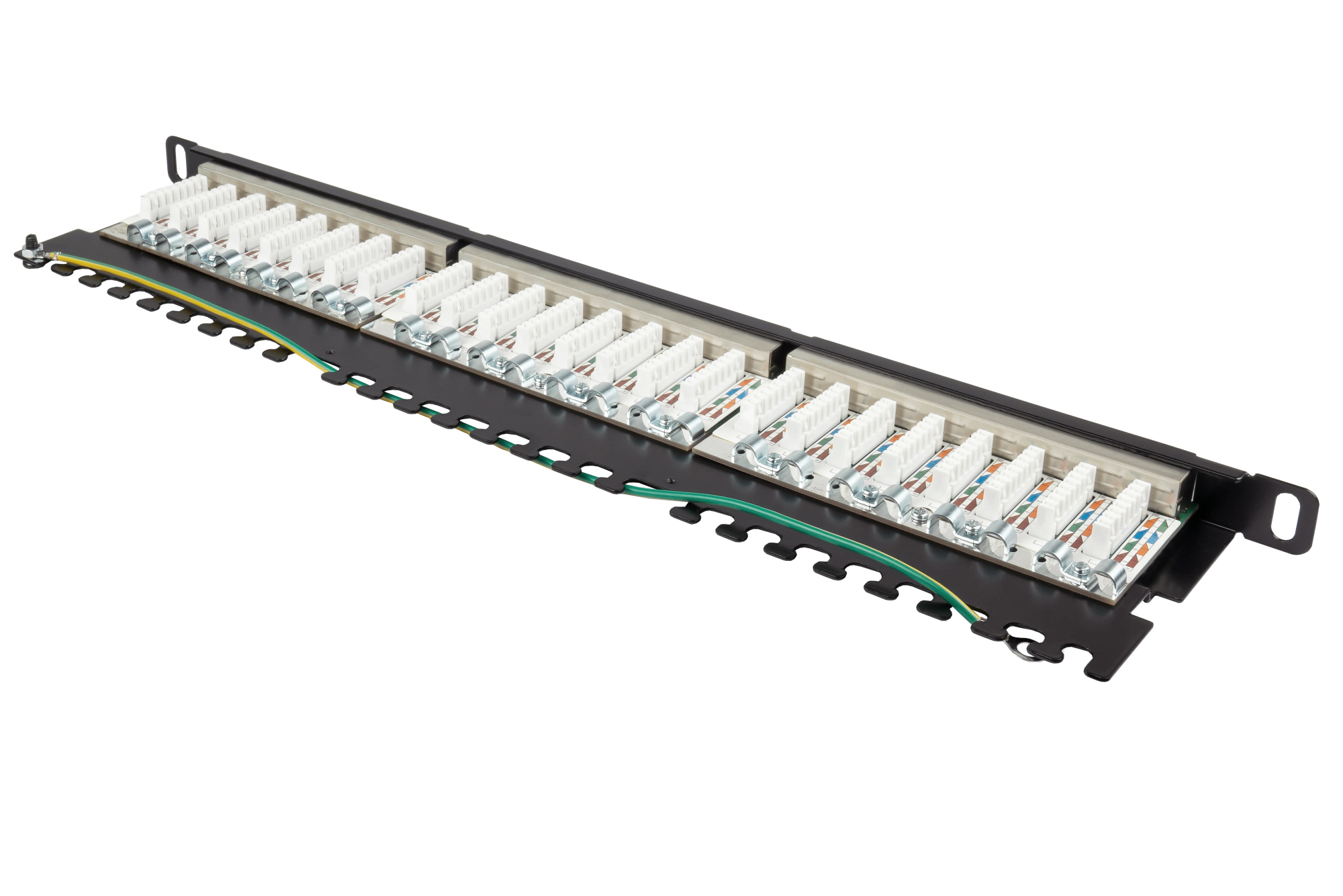 Patchpanel 19" Cat. 6, 24-Port, 0,5 HE, STP geschirmt, werkzeugloses Öffnen, Tiefschwarz (RAL9005), Good Connections®
