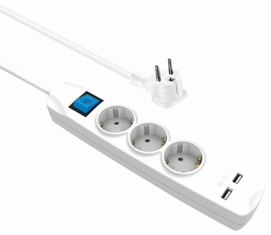 Steckdosenleiste 3-fach + 2x USB (2,1A), mit Schalter, flachen Schutzkontaktstecker, Berührungsschutz, weiß, 3m