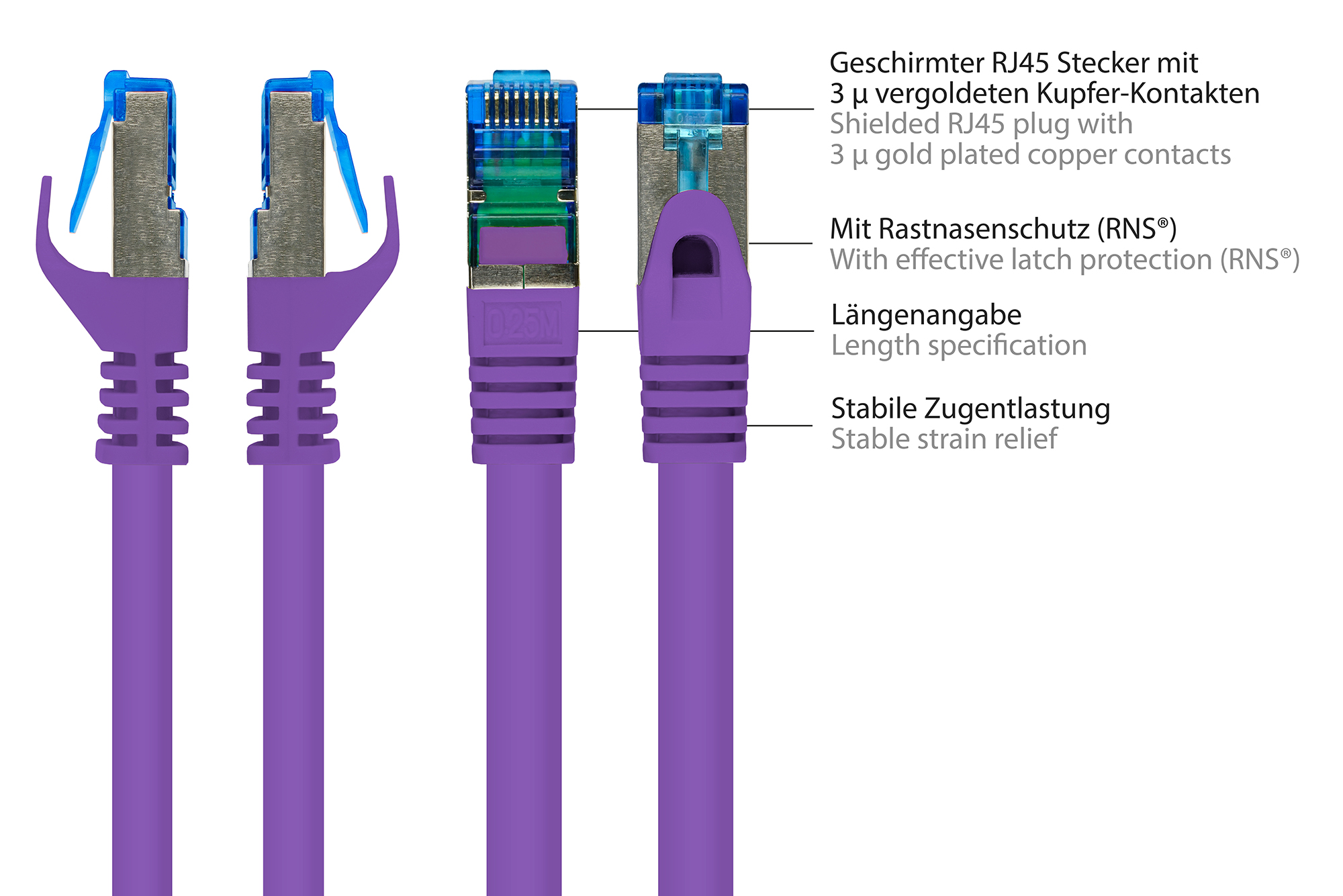 RNS® Patchkabel mit Rastnasenschutz, Cat. 6A, S/FTP, PiMF, halogenfrei, 500MHz, violett, 15m, Good Connections®