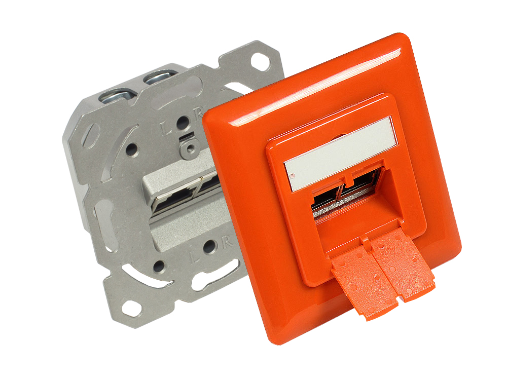 Netzwerkdose Cat. 6A, 2xRJ45, geschirmt, Unterputzdose, inkl. Zentralstück und Abdeckrahmen, reinorange RAL2004, Good Connections